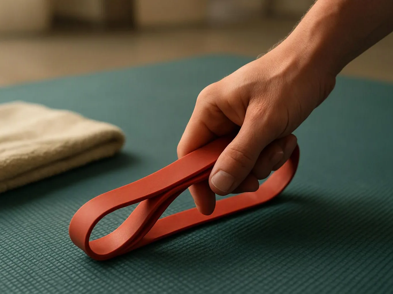 A hand grips a red exercise strap on a green mat beside a folded towel