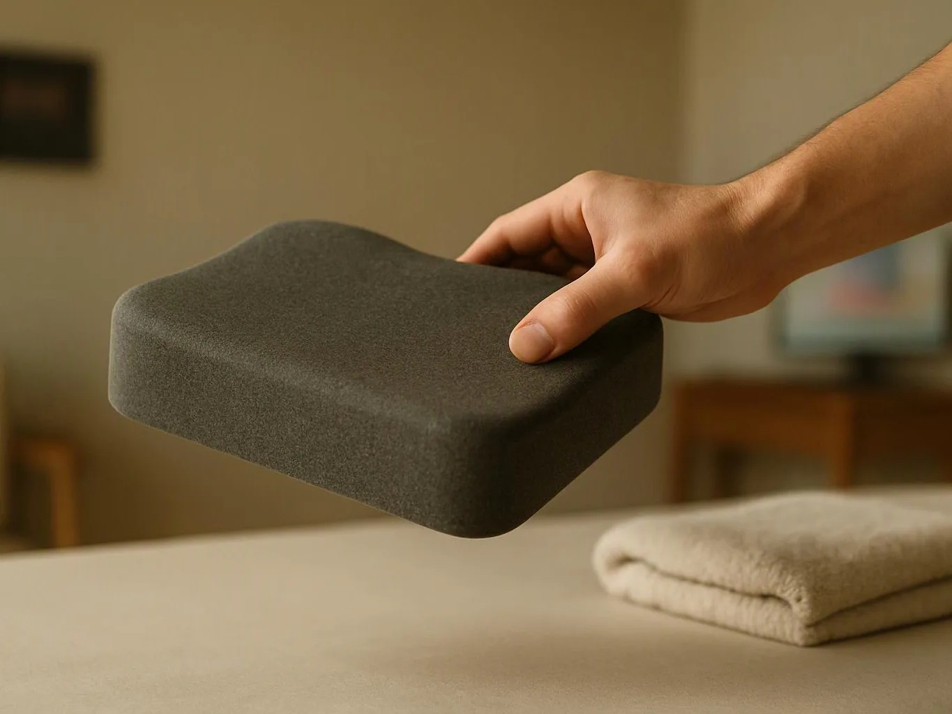 A hand holds a dark foam cushion above a table beside a folded beige towel