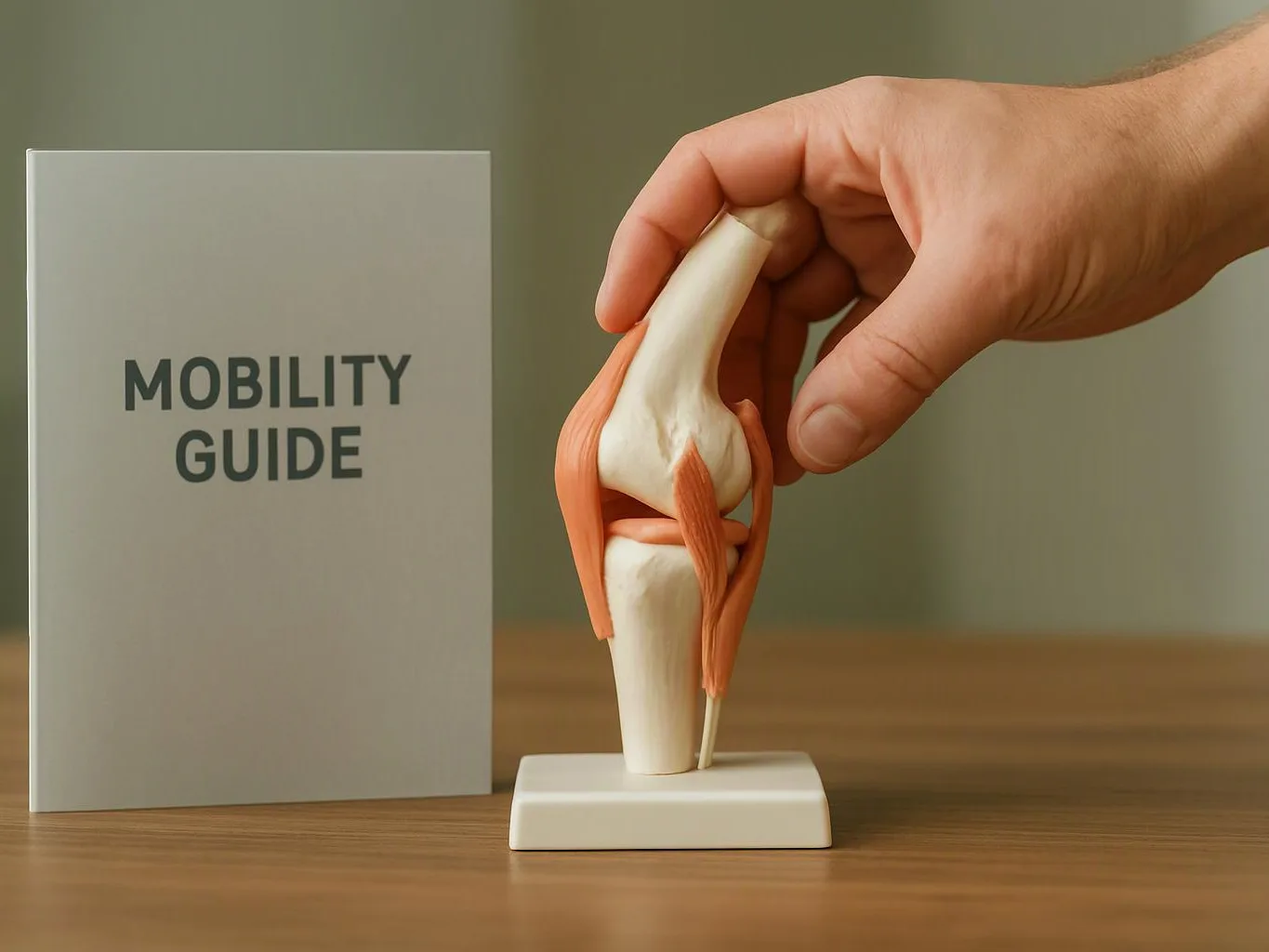 A hand holds a knee joint model beside a booklet labeled Mobility Guide on a wooden table