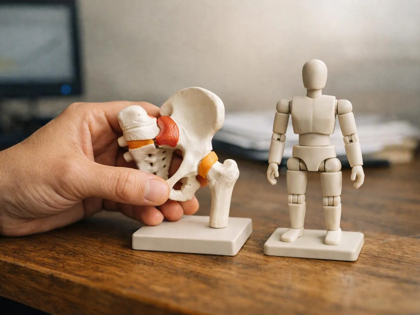 A hand holds a pelvis model beside a small wooden mannequin on a desk