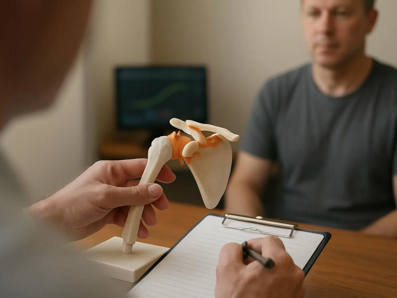 A hand holds a shoulder joint model while another writes on a clipboard in a small office room