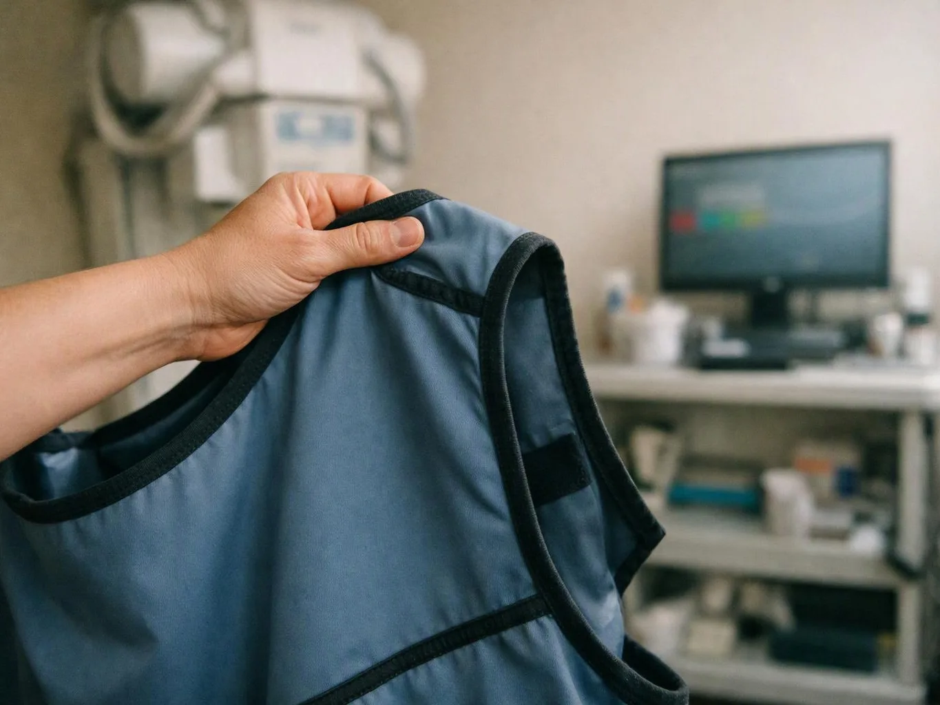 A hand holds up a blue protective vest in a blurred medical room with a monitor in back