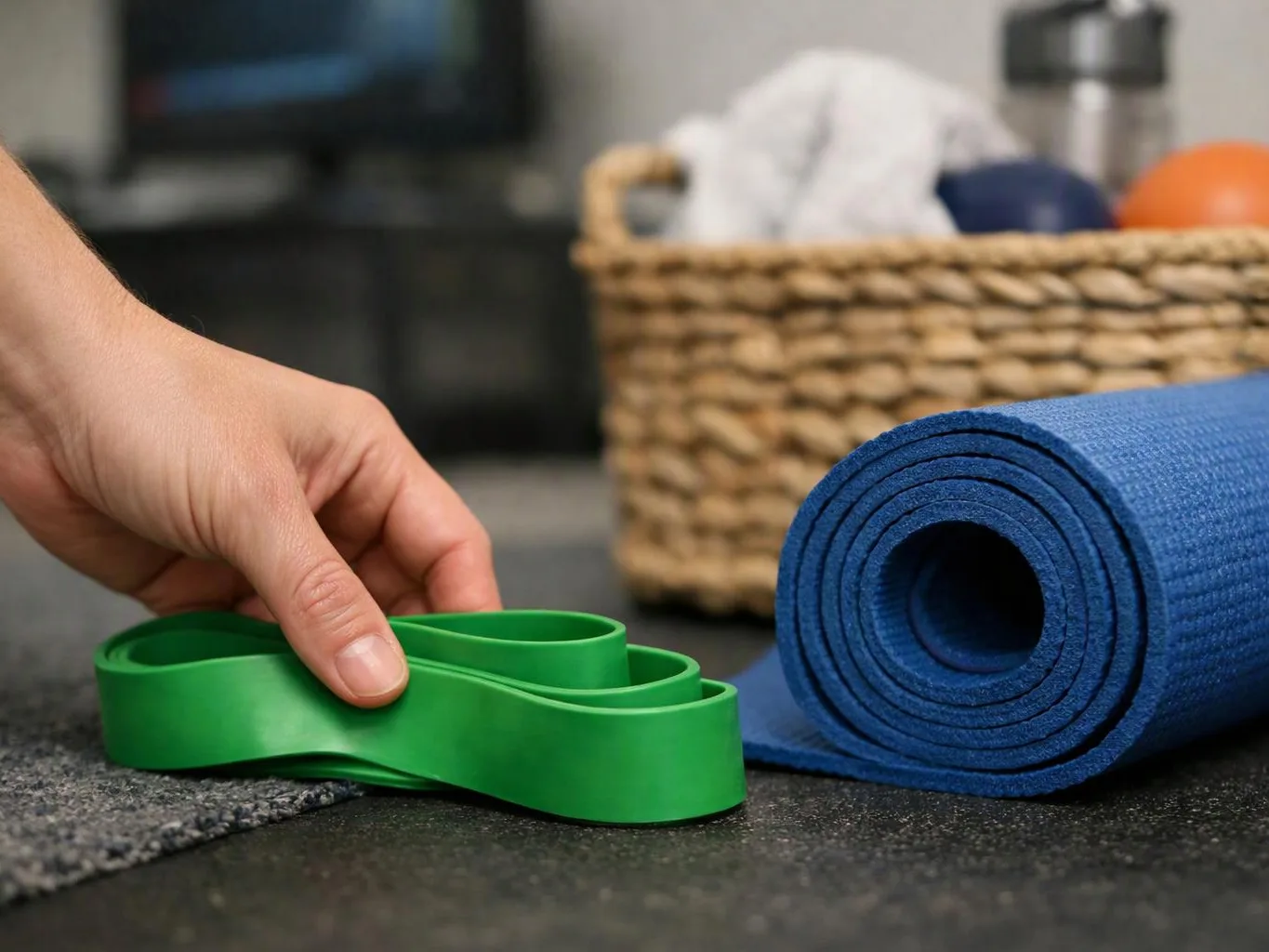 A hand picks up a green resistance band beside a rolled blue yoga mat on a gym floor