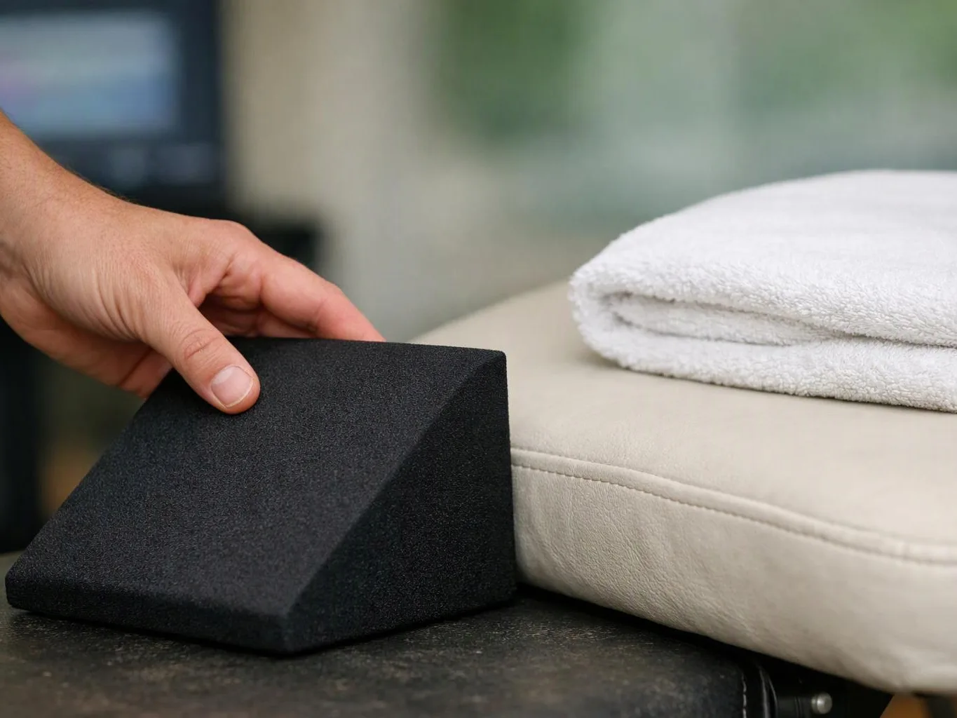 A hand places a black foam wedge beside a folded white towel on a cushioned surface