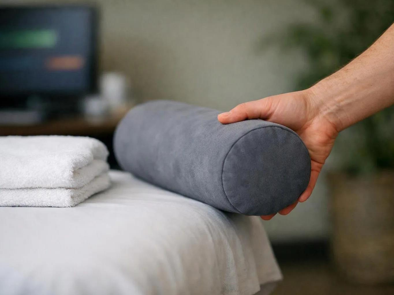 A hand places a gray bolster pillow beside folded white towels on a bed