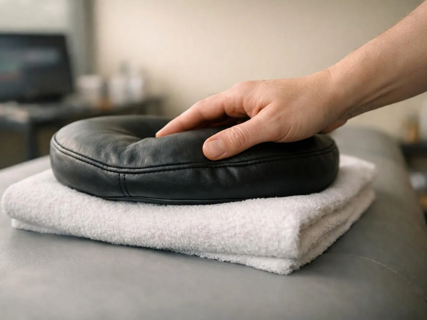 A hand presses a black leather cushion resting on a folded white towel on a sofa