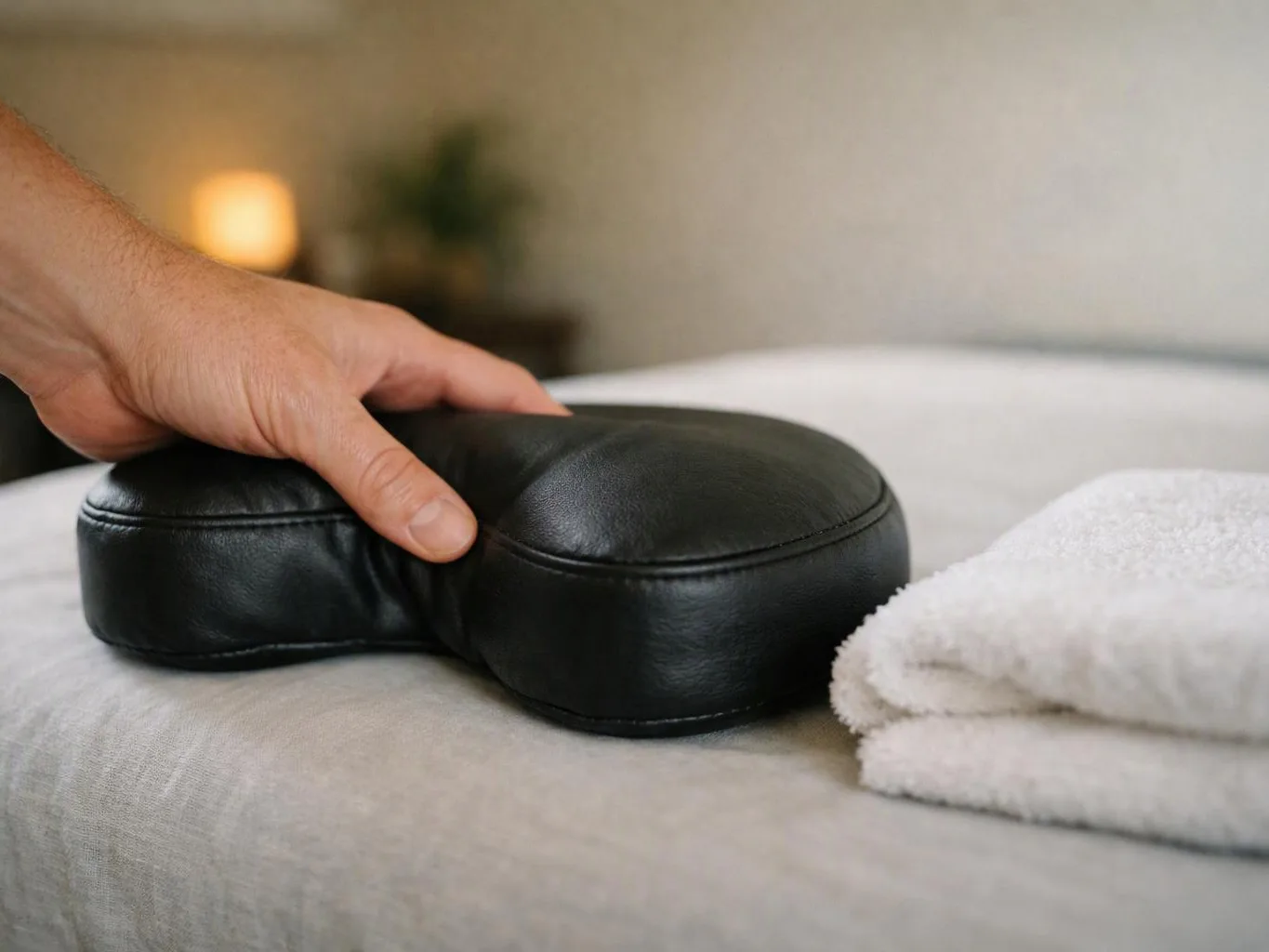 A hand presses a black leather massage cushion on a neatly made bed beside folded white towels