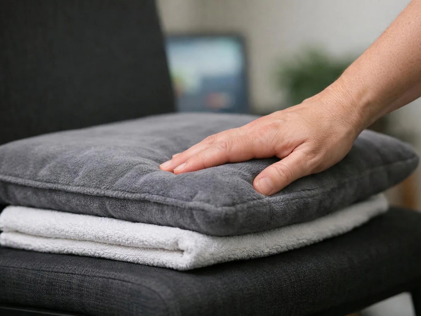A hand presses a gray cushion stacked on folded white towels atop a dark sofa