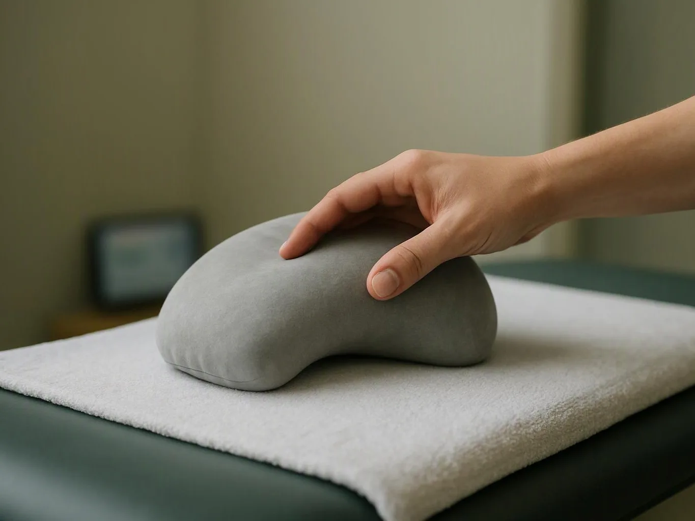 A hand presses a gray cushion on a white towel-covered table in a softly lit room