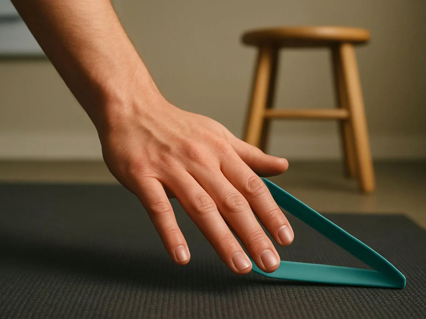 A hand reaches toward a teal yoga strap on a black mat, with a wooden stool blurred in the background