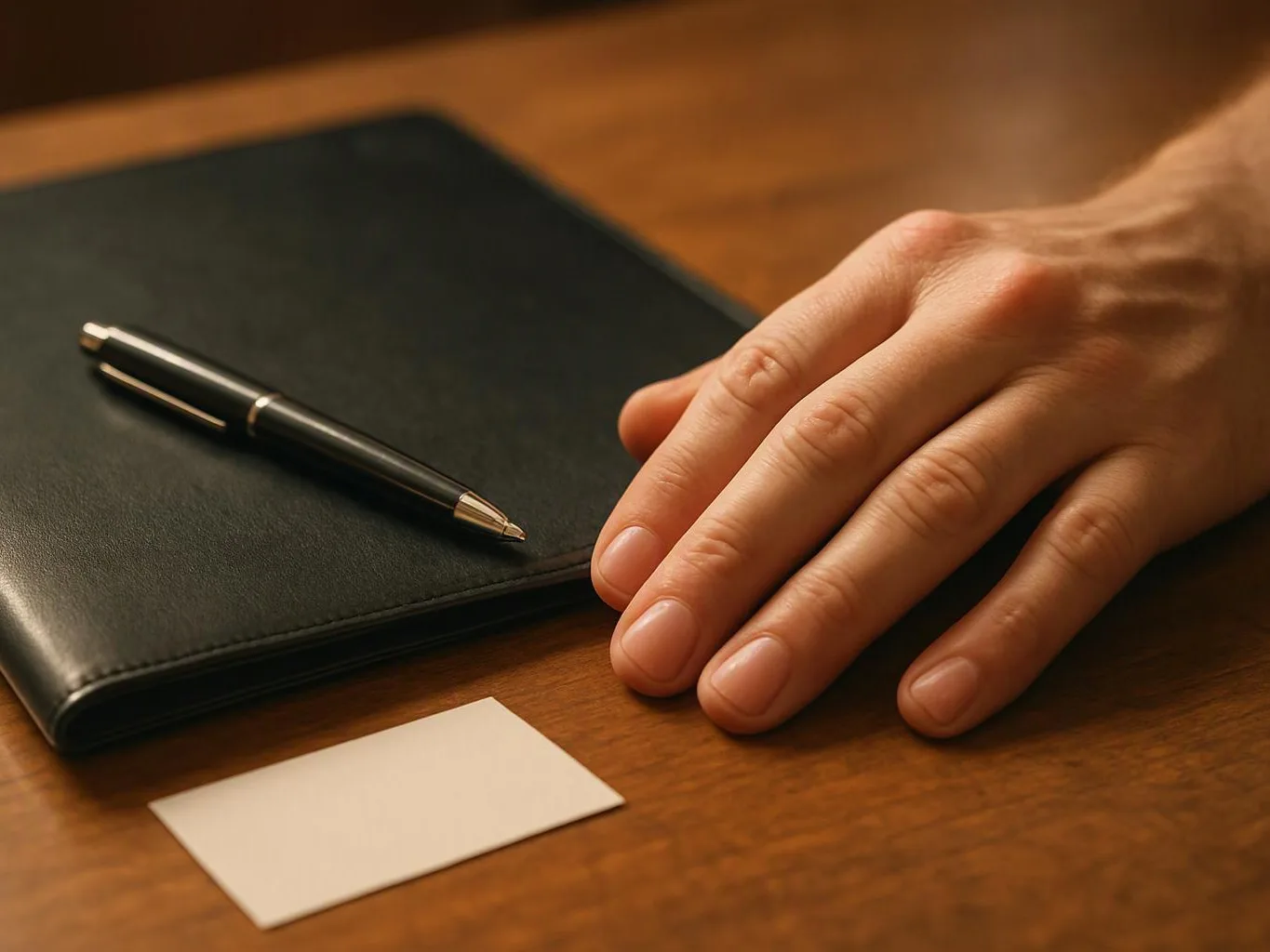 A hand rests beside a black notebook, pen, and blank card on a wooden table
