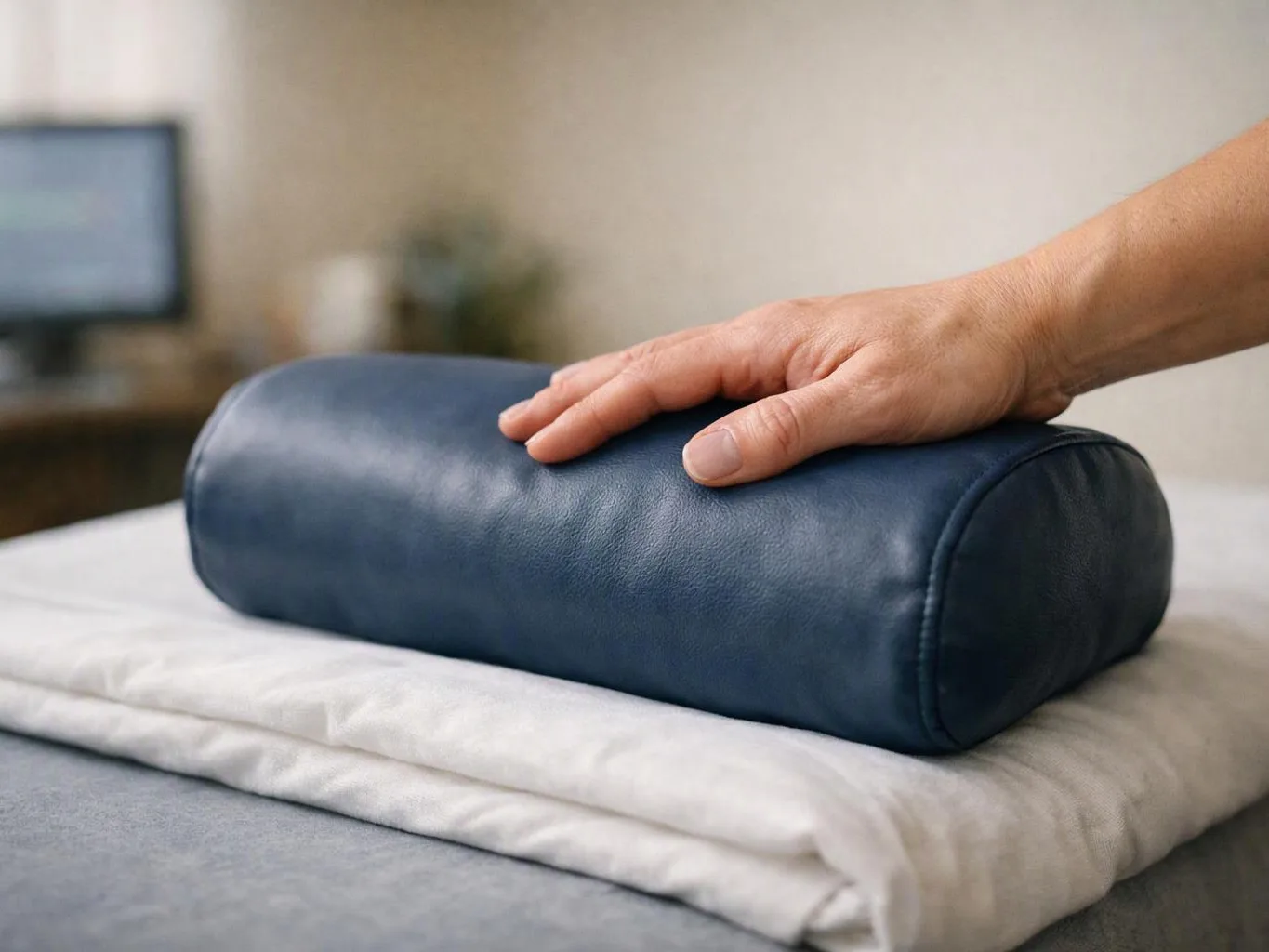 A hand rests on a navy bolster pillow stacked over folded white bedding on a bed
