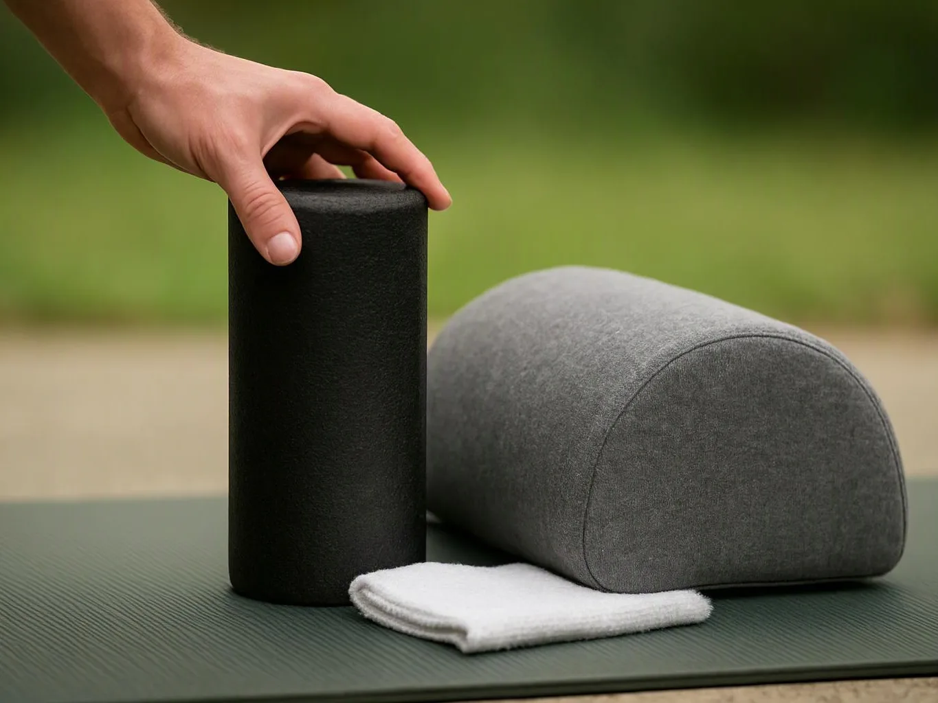 A hand steadies a black foam roller beside a gray cushion and folded white towel on a mat outdoors