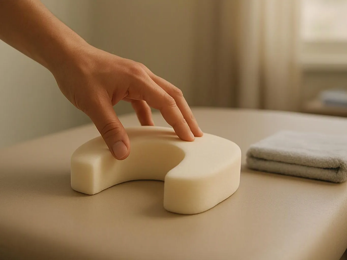 A hand touches a U-shaped foam cushion on a beige table beside folded gray towels