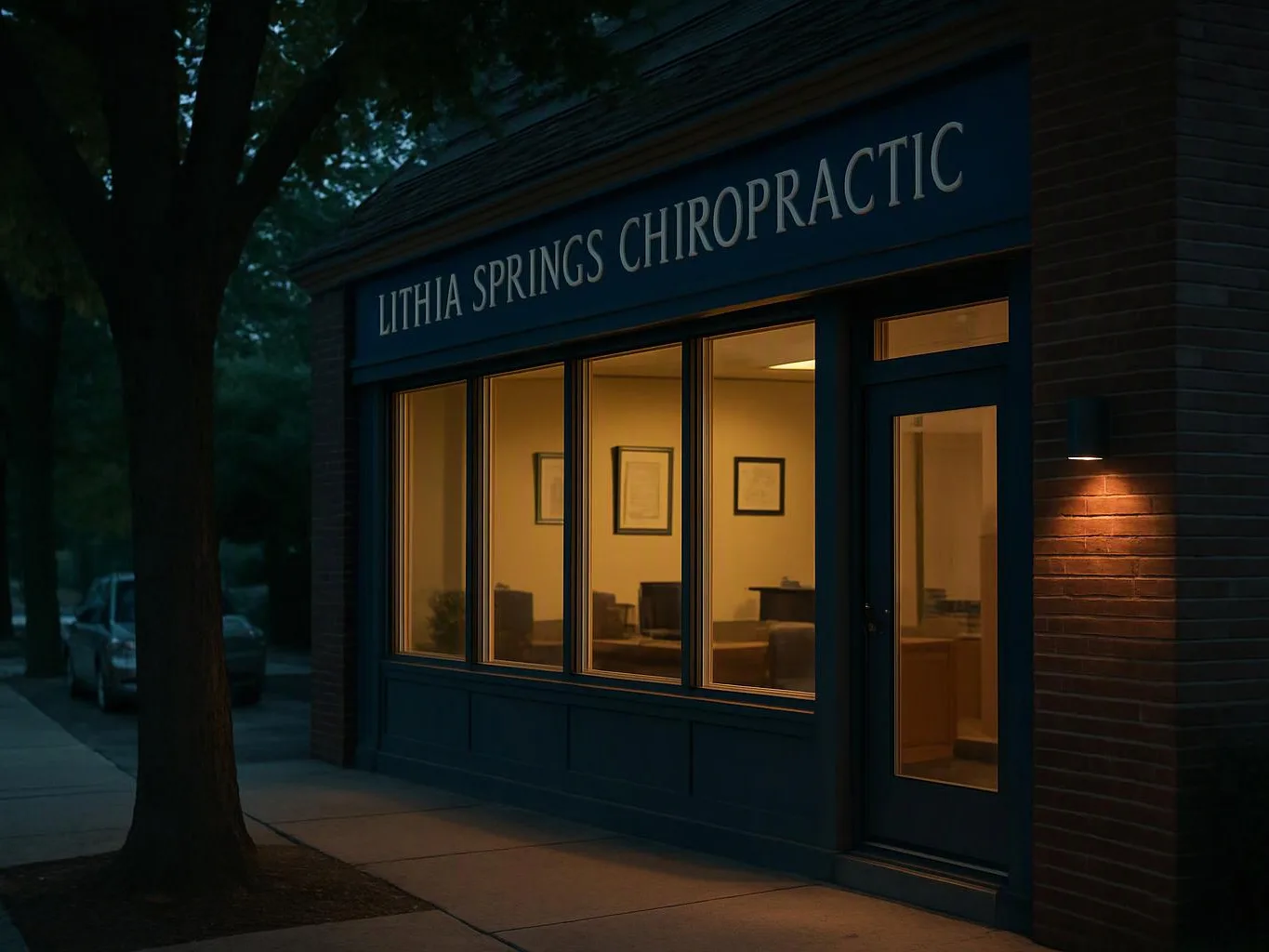 A lit storefront with large windows and a sign reading “LITHIA SPRINGS CHIROPRACTIC” sits beside a tree-lined sidewalk at dusk