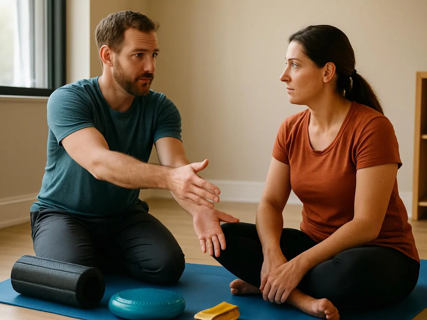 A man gestures while talking to a seated woman on a yoga mat with exercise props in a bright room