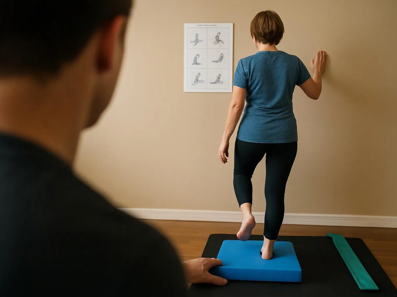 A woman balances on a blue foam pad while a man watches in a quiet exercise room