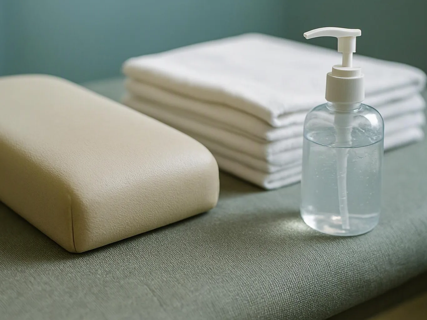 A lotion bottle sits beside folded white towels and a beige cushion on a green fabric surface
