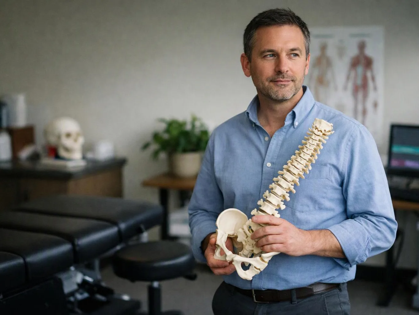 A man in a blue shirt holds a spine model in a medical office with exam tables and anatomy posters