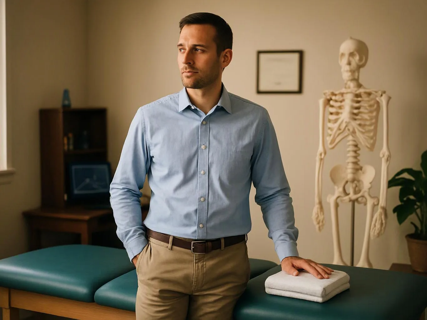A man in a blue shirt stands beside a treatment table in a clinic room with a skeleton model and folded towels