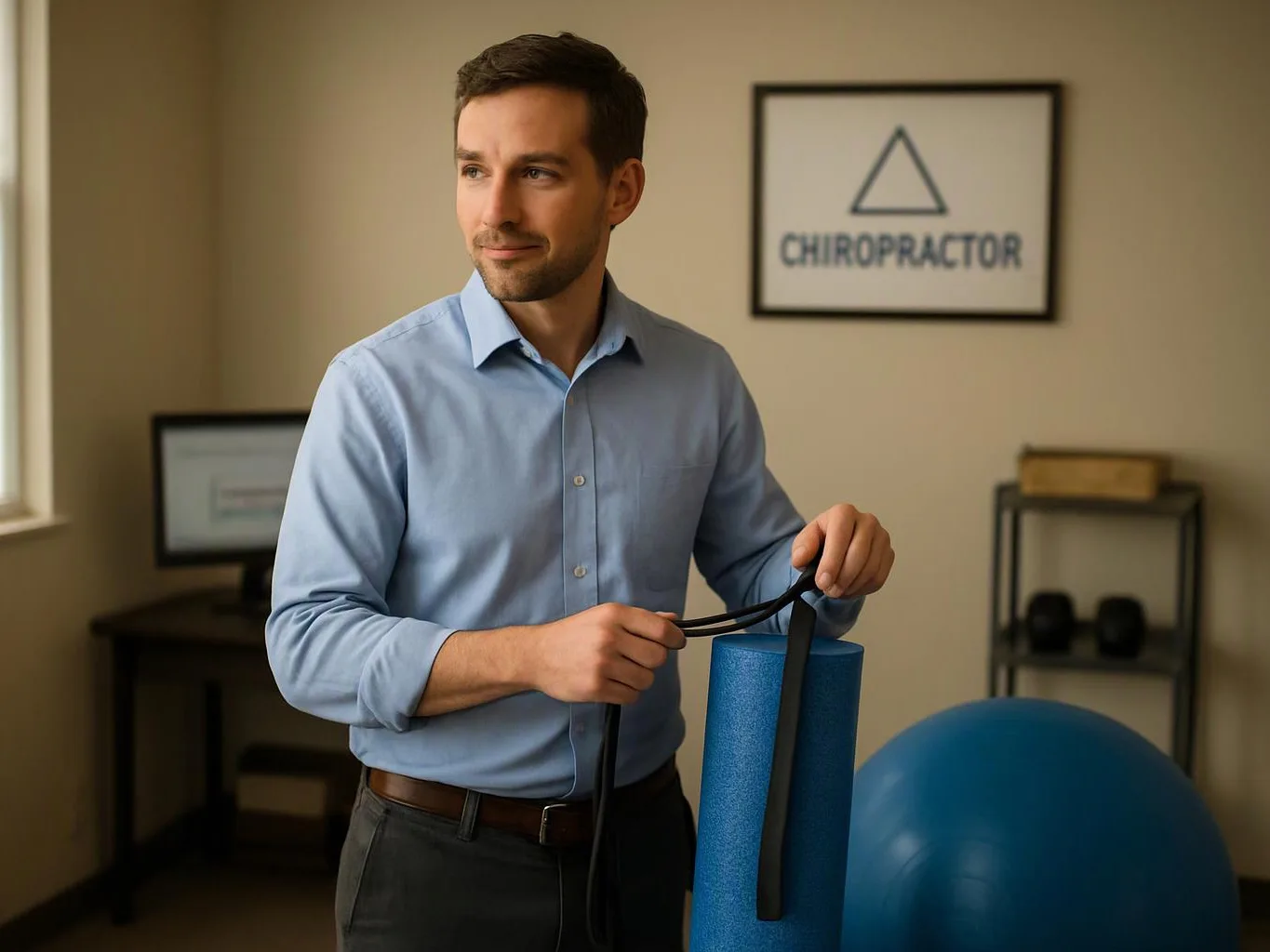 A man in a blue shirt stands in a clinic room, holding a strap beside a foam roller and exercise ball
