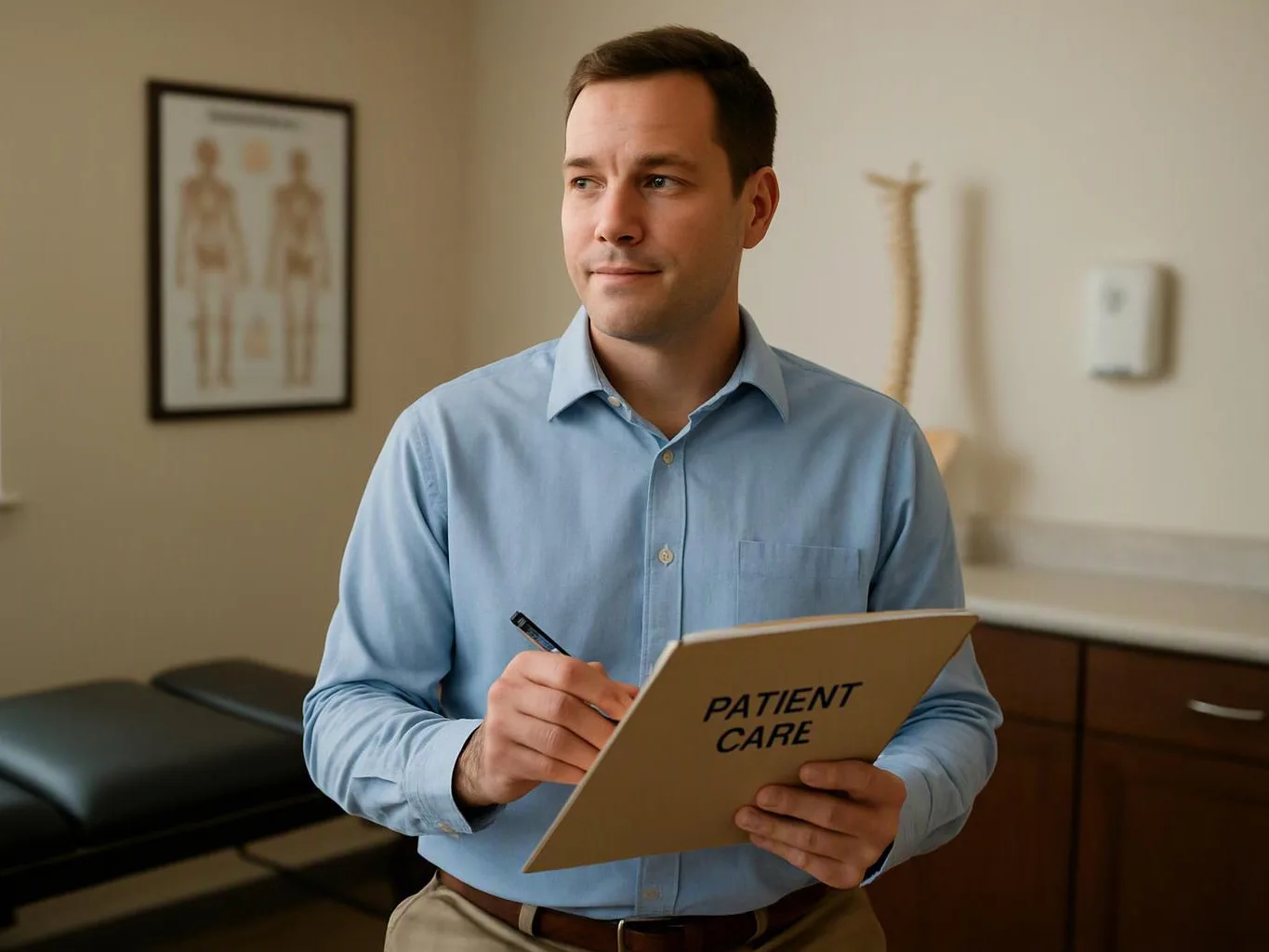 A man in a blue shirt writes on a folder labeled "PATIENT CARE" in an exam room
