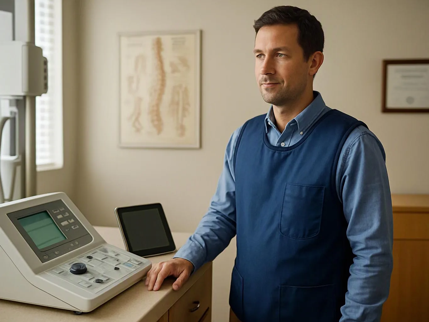 A man in a blue vest stands beside medical equipment in a clinic room