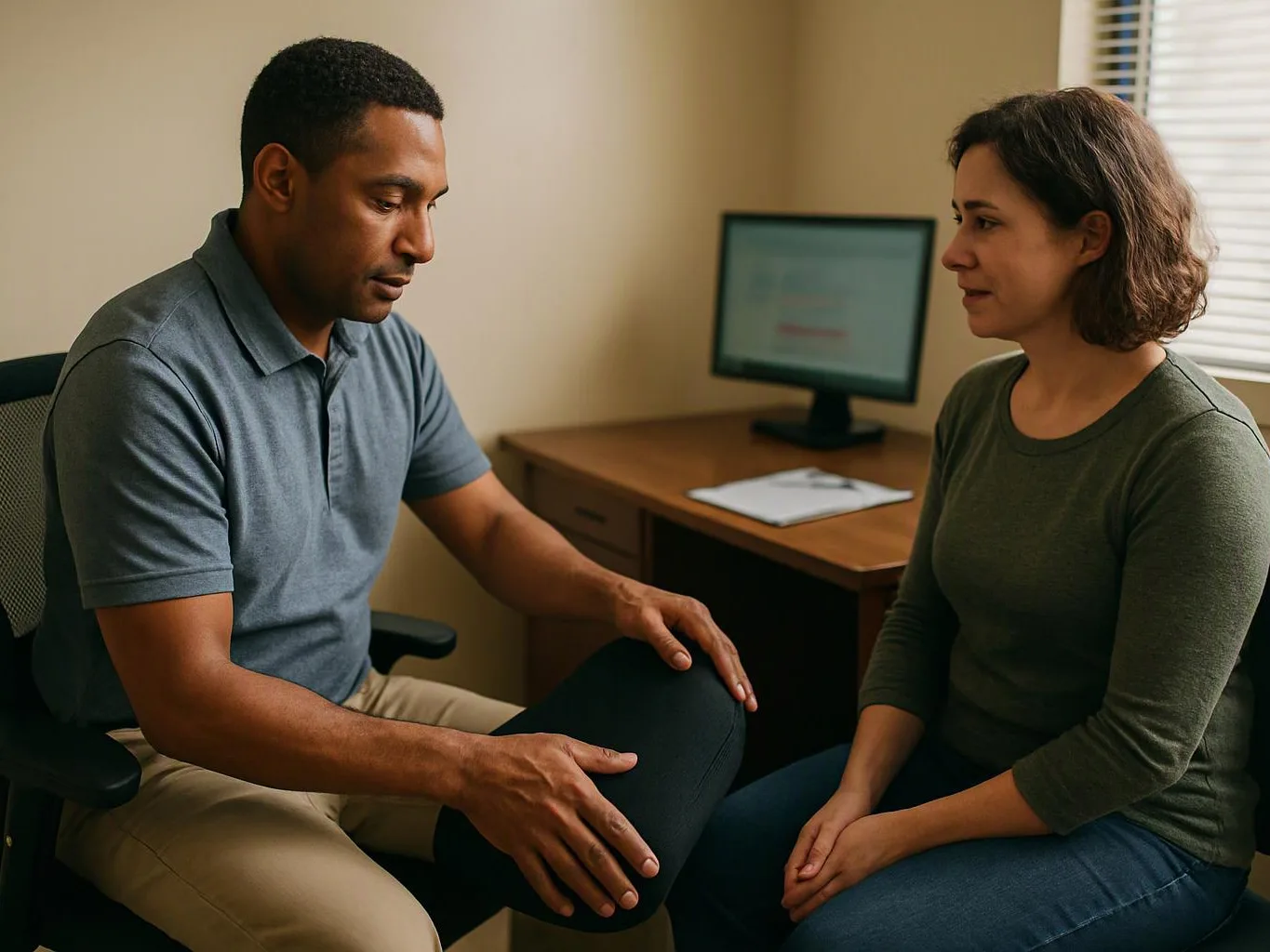 A man examines a woman’s bent knee in a small office with a desk and computer monitor