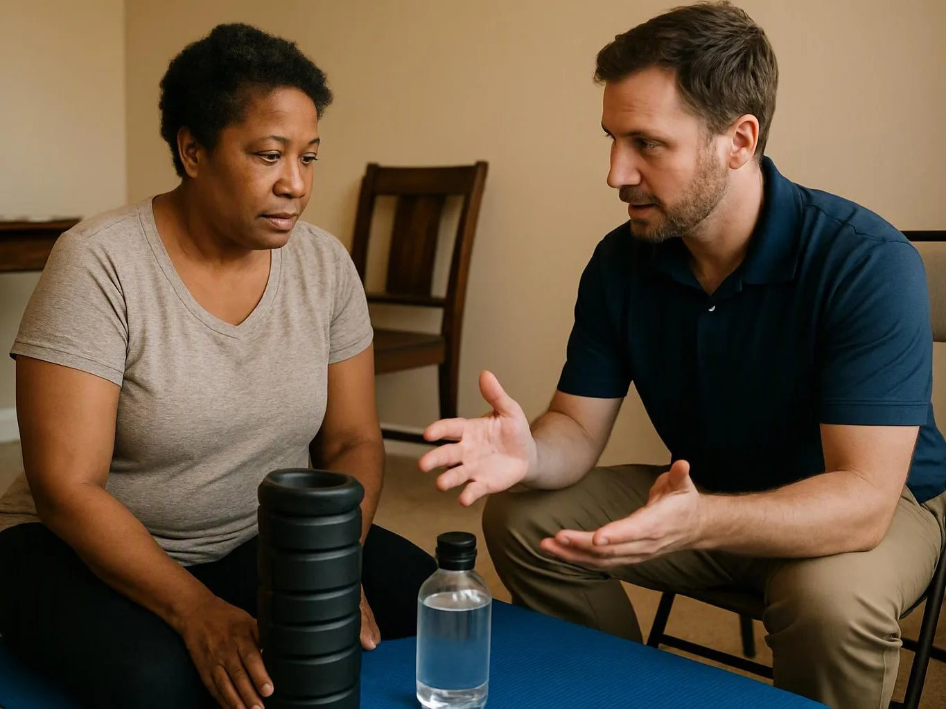 A man gestures while talking to a seated woman beside a water bottle and foam roller on a blue mat in a room