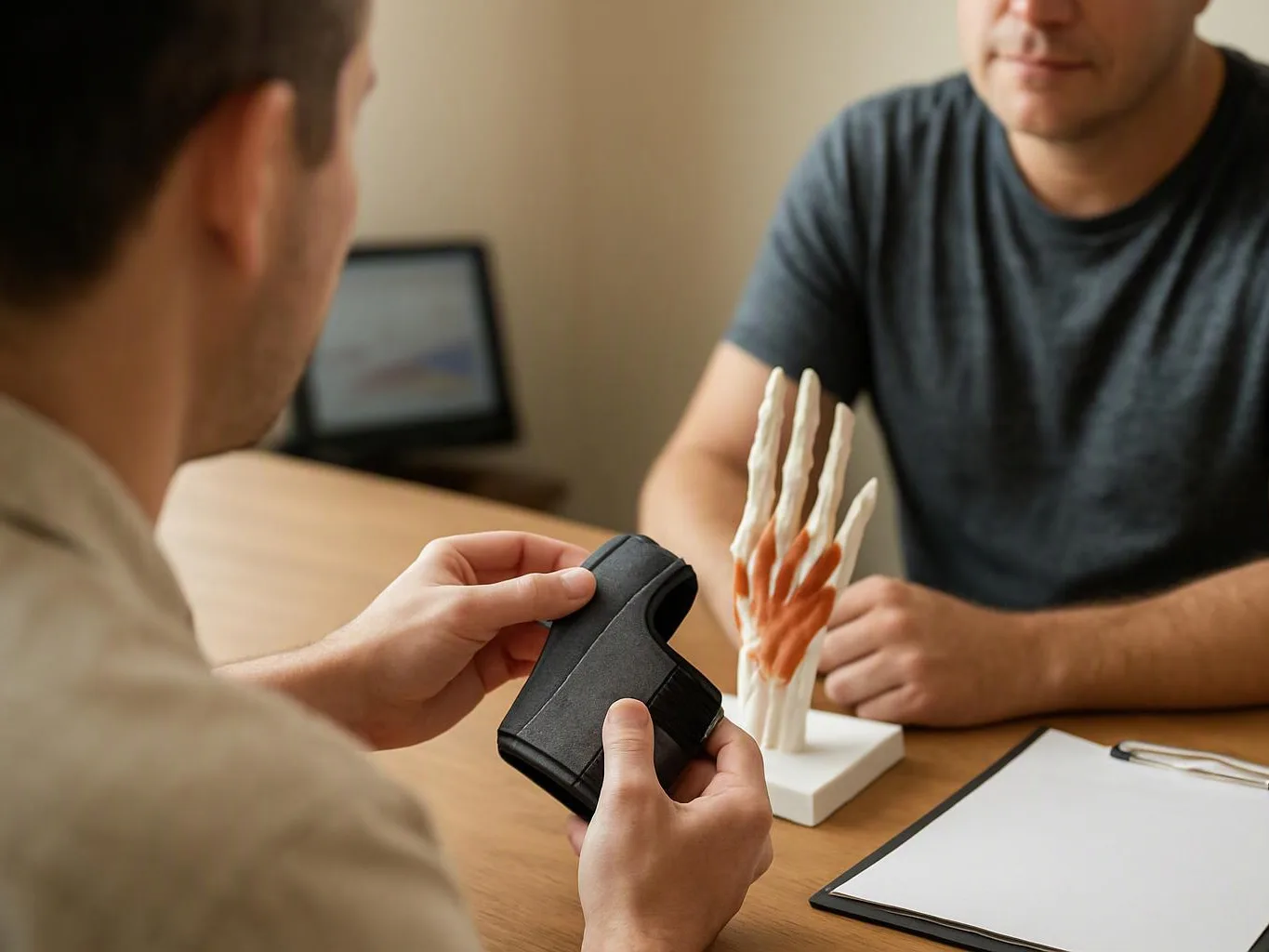 A man holds a black wrist brace across a table while another man sits beside a hand anatomy model