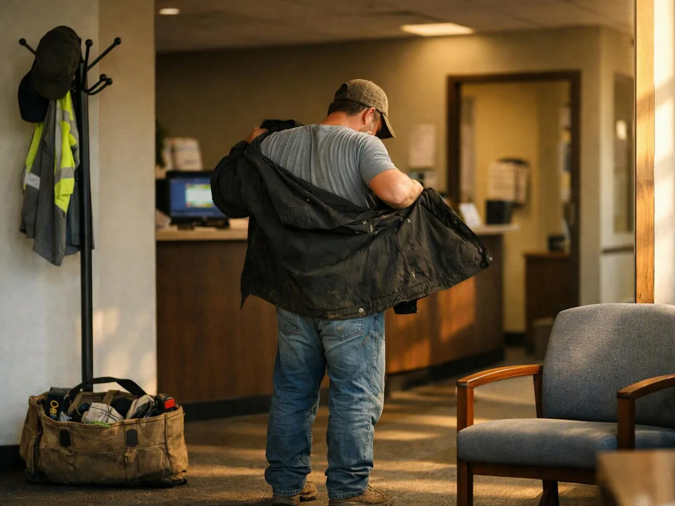 A man in jeans and a cap puts on a black jacket inside a quiet office lobby