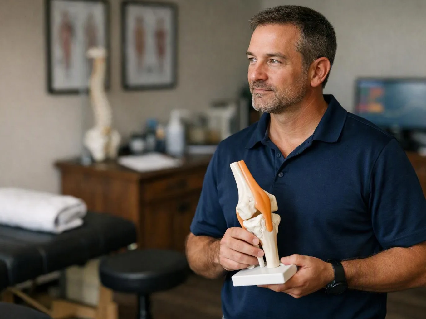 A man in a navy polo holds a knee joint model in a medical exam room