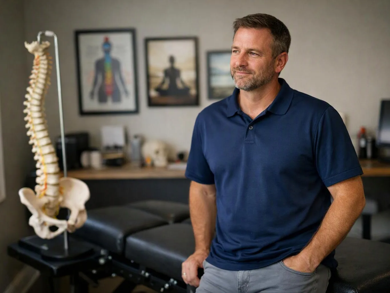 A man in a navy polo stands beside a spine model in a clinic room