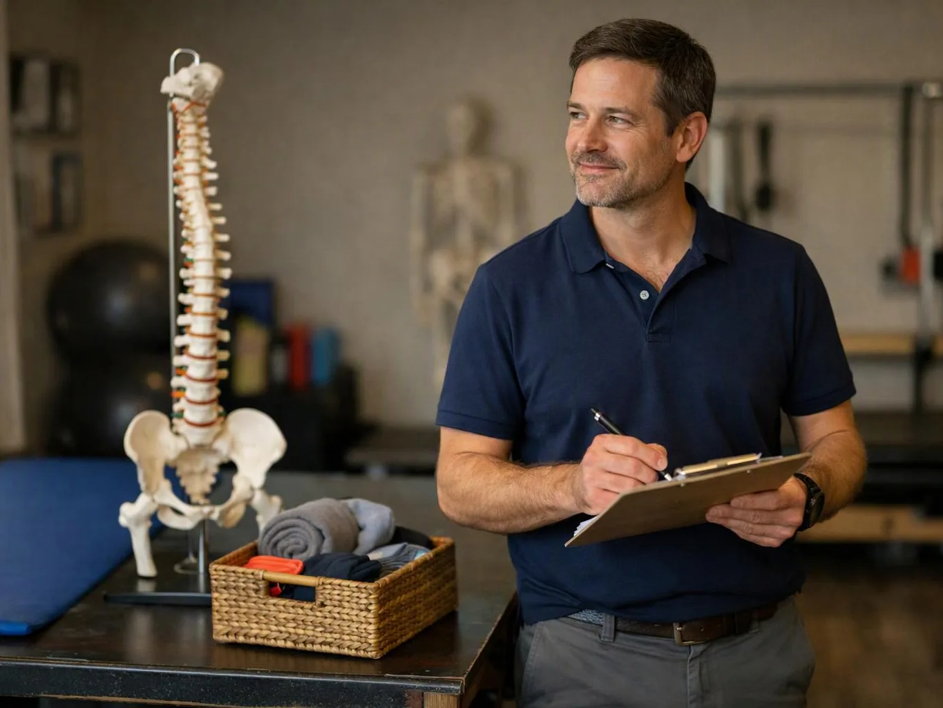 A man in a navy polo writes on a clipboard beside a spine model and exercise props in a studio
