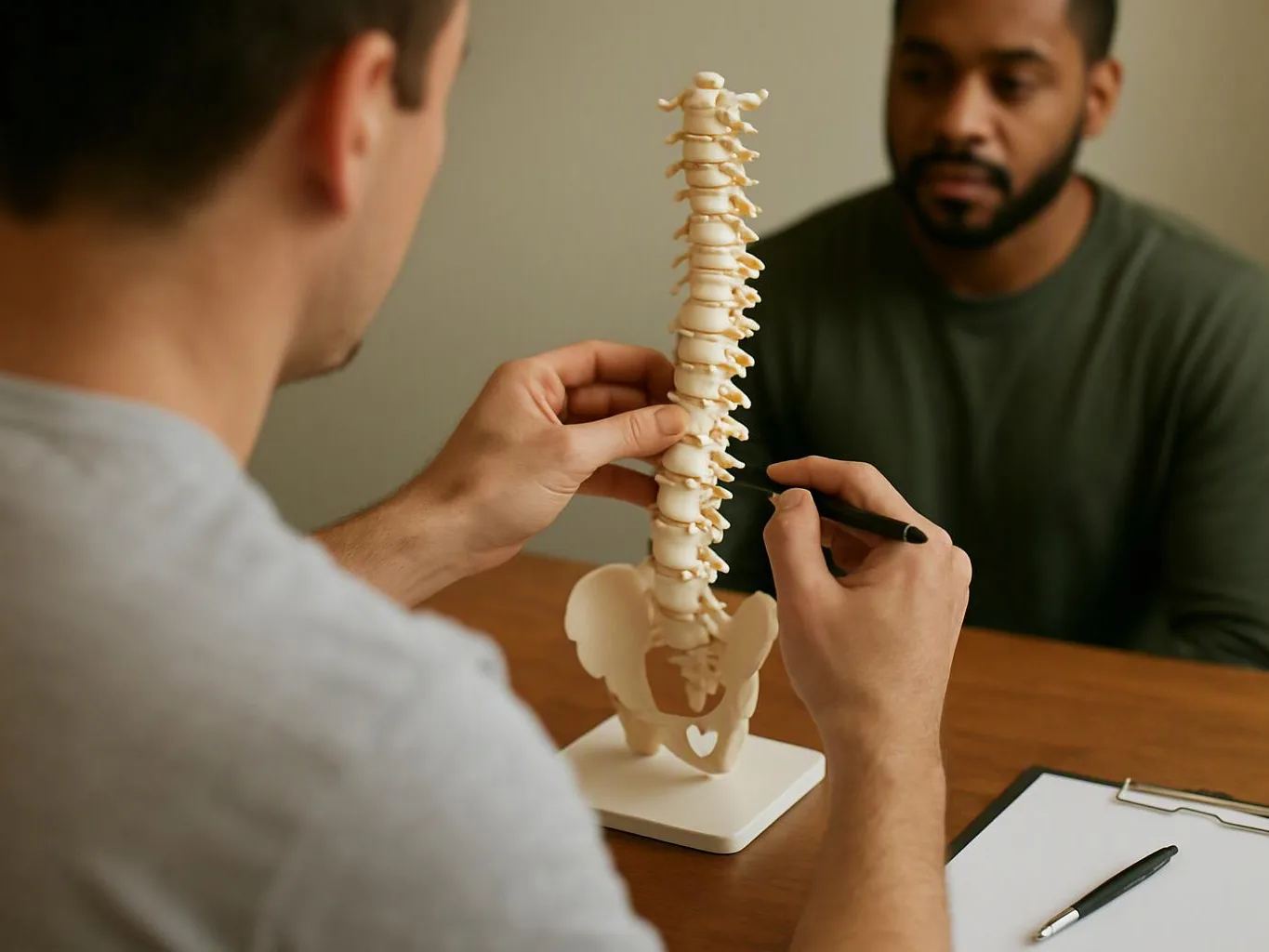 A man points at a spine model while another man watches across a wooden table indoors