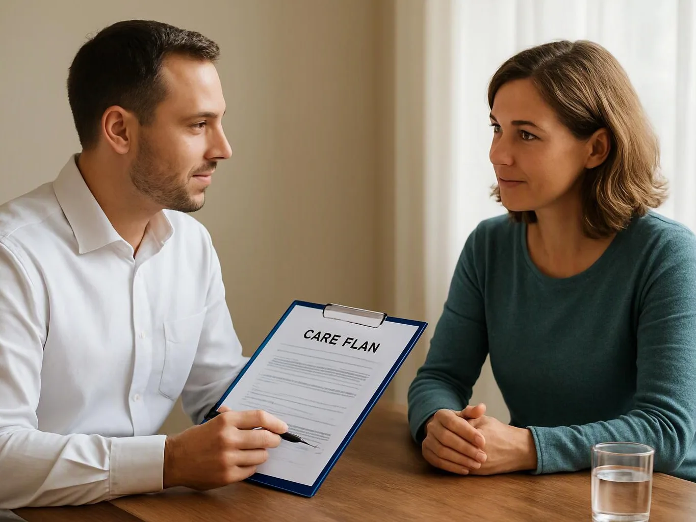 A man shows a clipboard marked “CARE PLAN” to a seated woman at a table in a bright room
