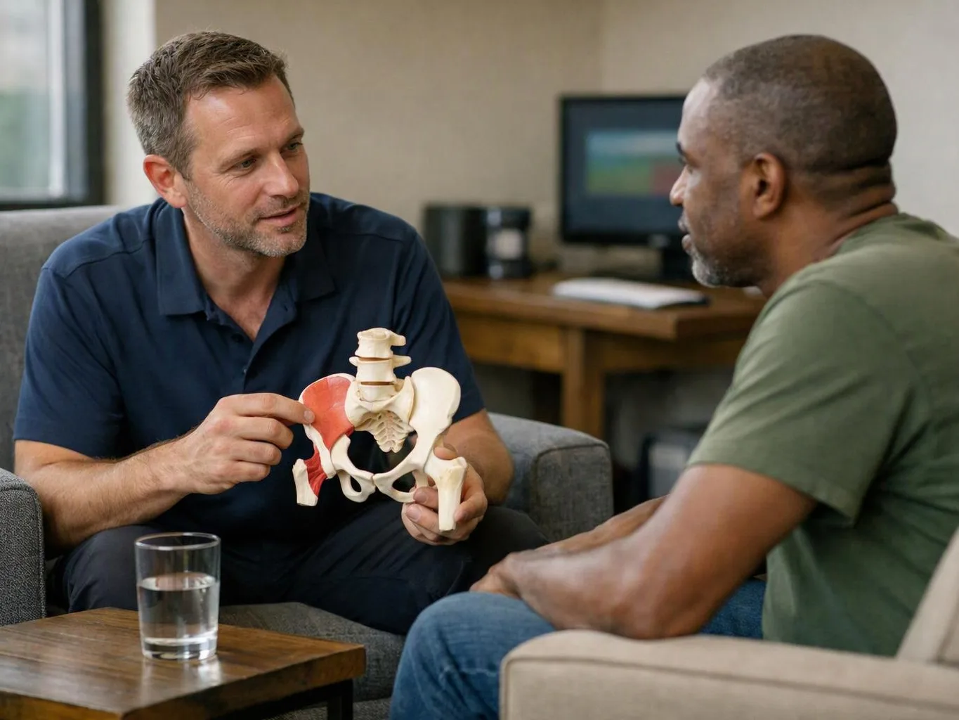 A man shows a pelvis model while talking with another man in a living room clinic setting