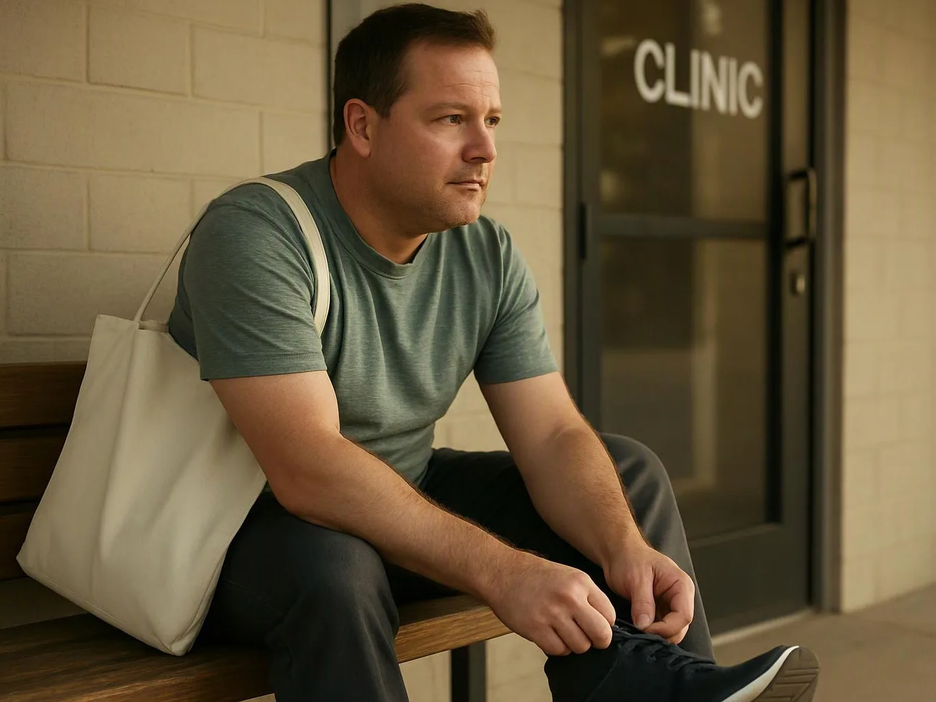 A man sits on a bench outside a clinic, leaning forward to tie his shoe and carrying a white tote bag