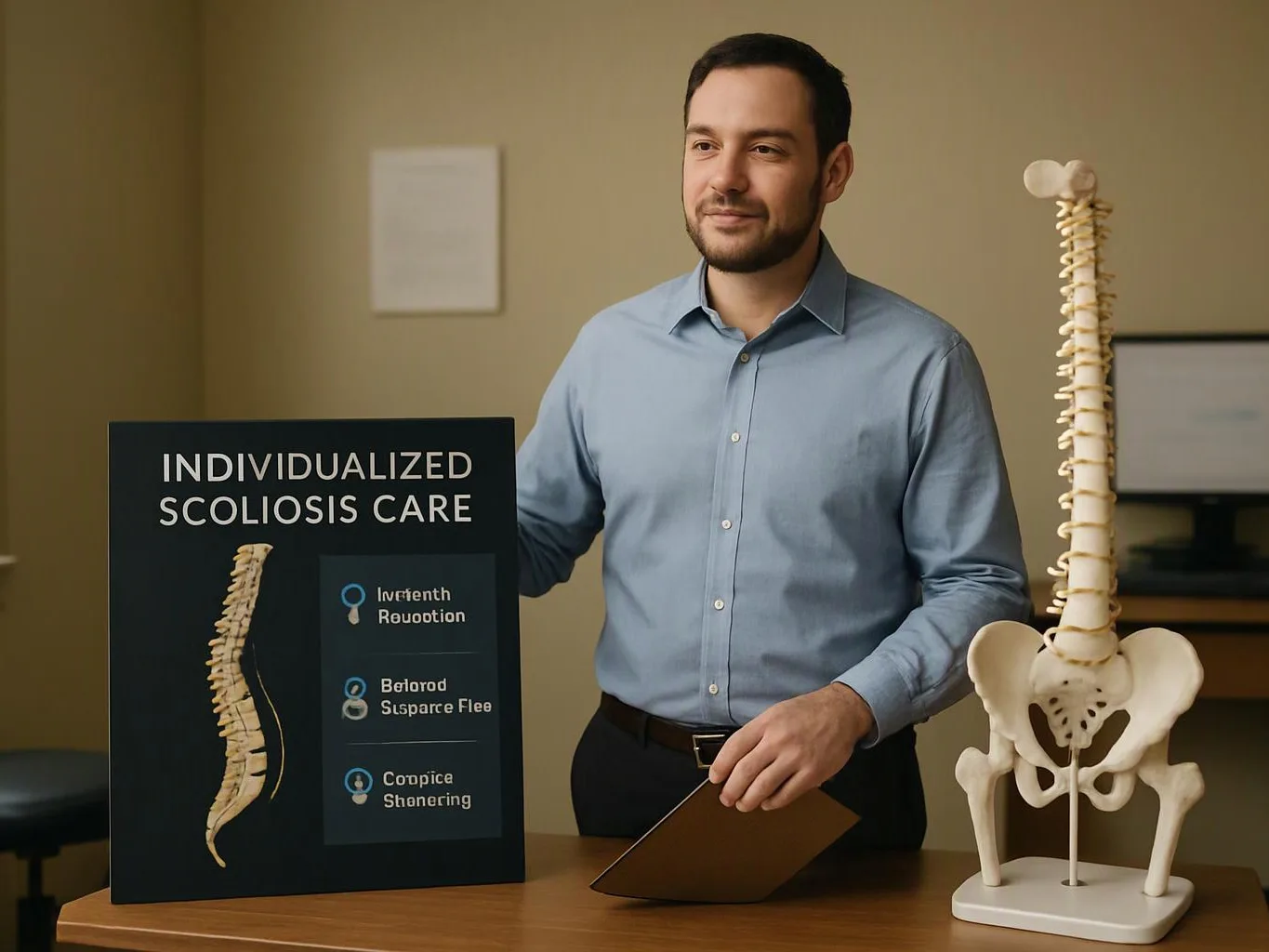 A man stands beside a scoliosis care display and a spine model in a clinic-like room