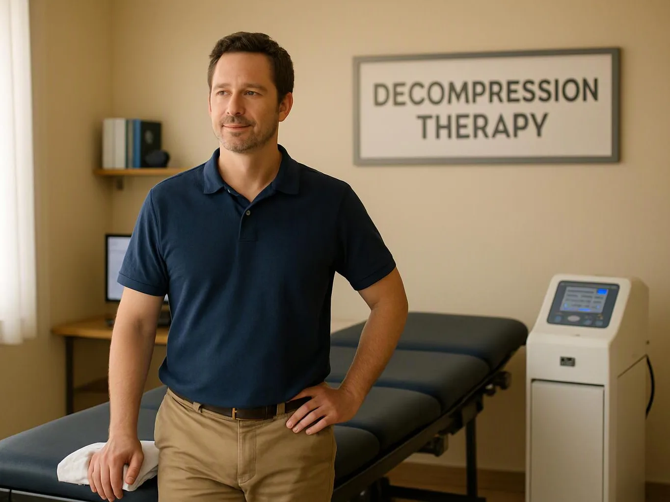 A man stands beside a therapy table in a room with a sign reading decompression therapy