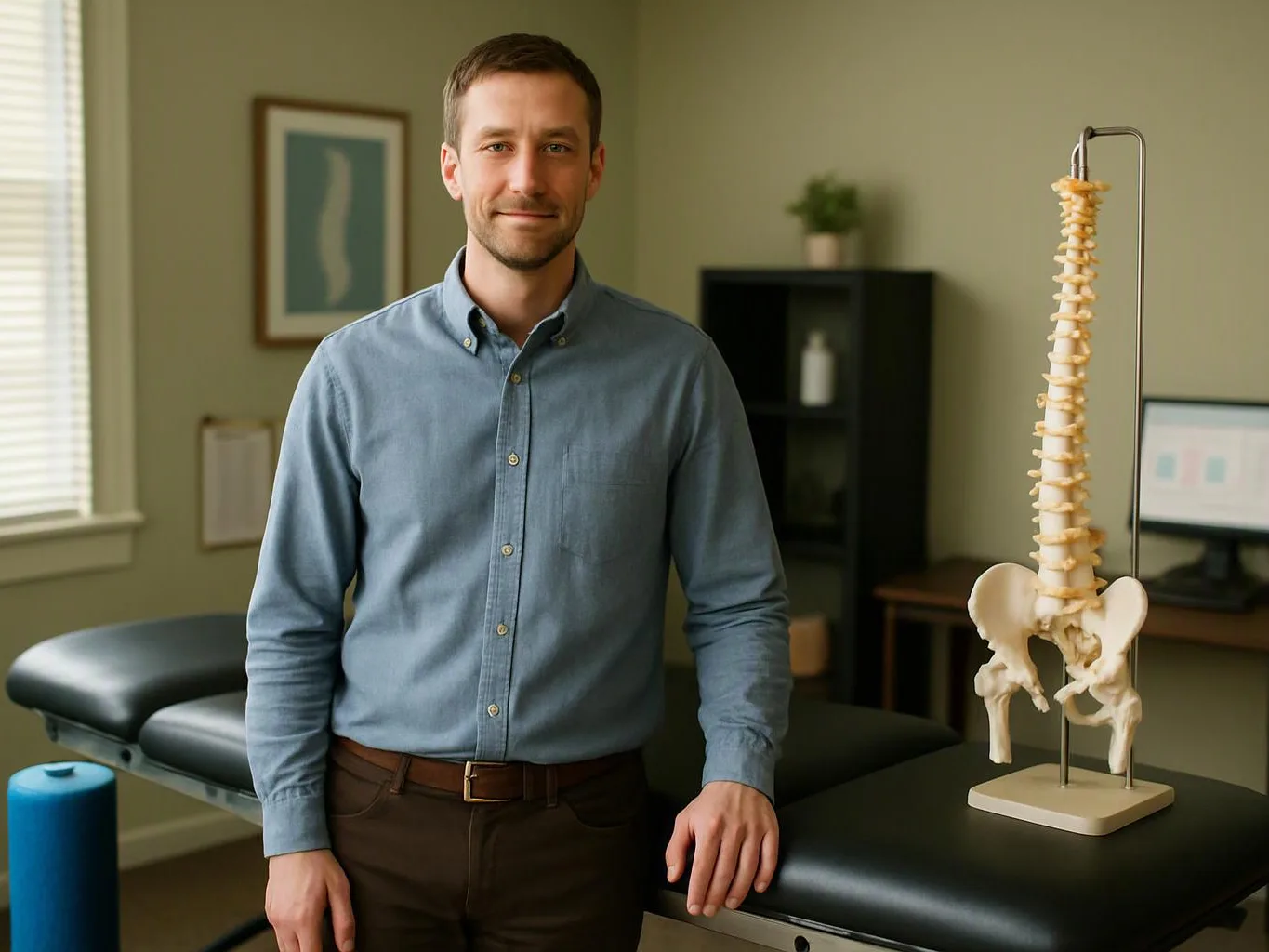 A man stands beside a treatment table with a spine model in a bright clinic room