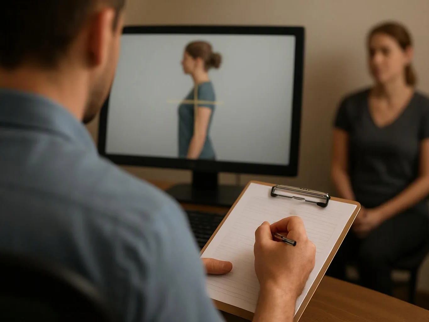 A man takes notes on a clipboard while viewing a woman’s side profile on a computer screen in a room