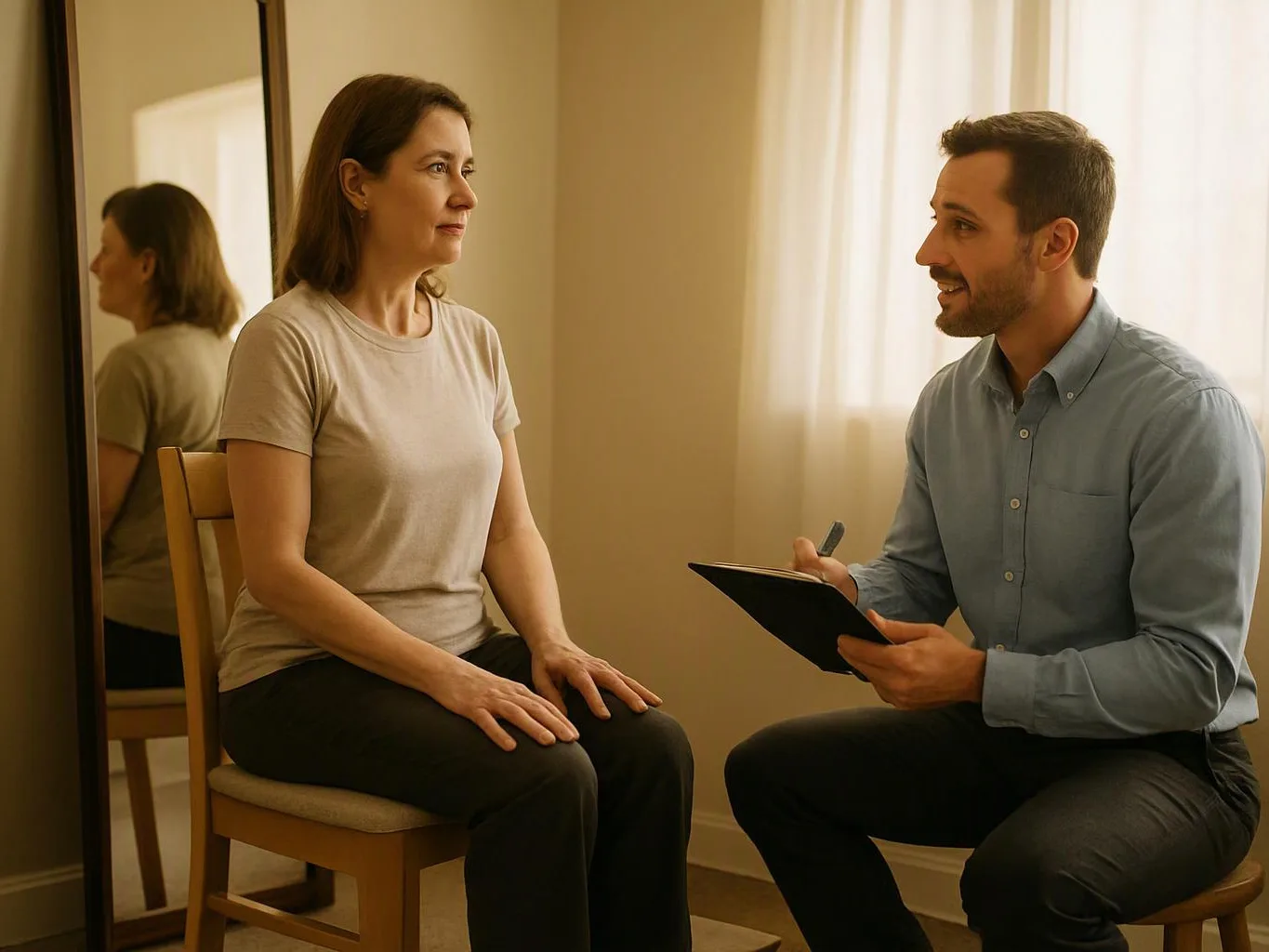 A man takes notes while speaking with a seated woman in a softly lit room
