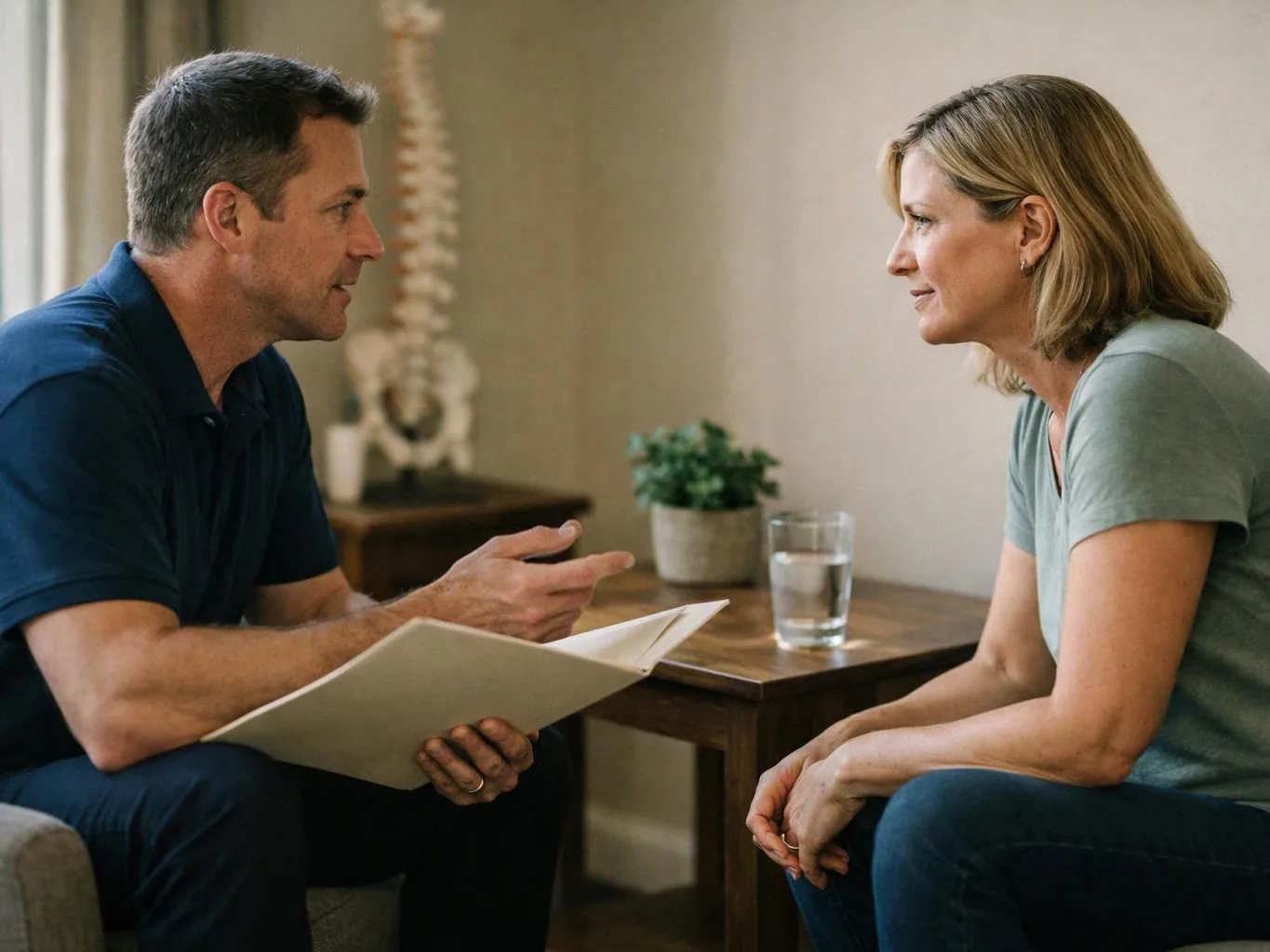 A man talks with a seated woman across a small table in a calm 상담 room