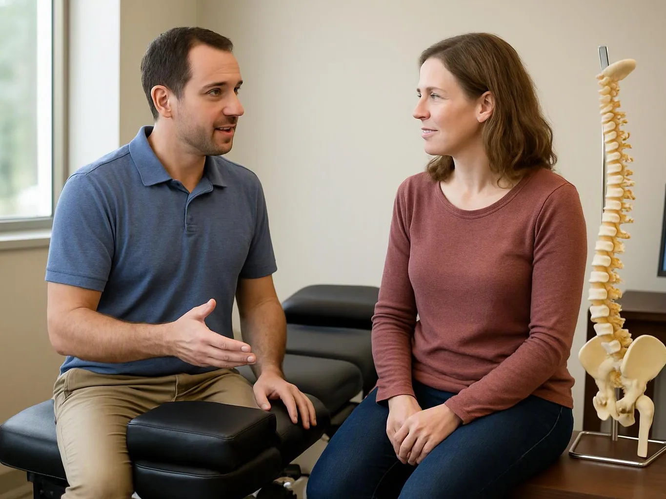 A man talks with a seated woman in a medical exam room beside a spine model