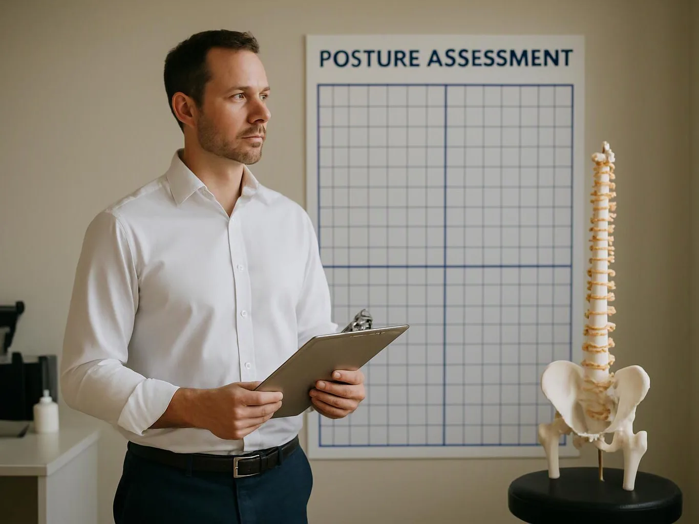 A man in a white shirt holds a clipboard beside a posture assessment chart and a spine model