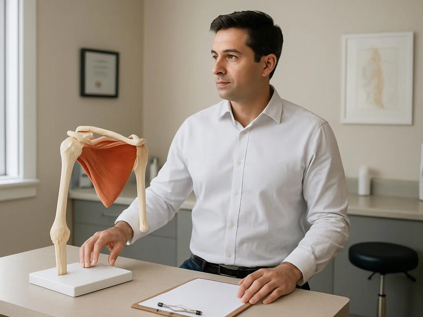 A man in a white shirt stands by an anatomical shoulder model in a clinic room