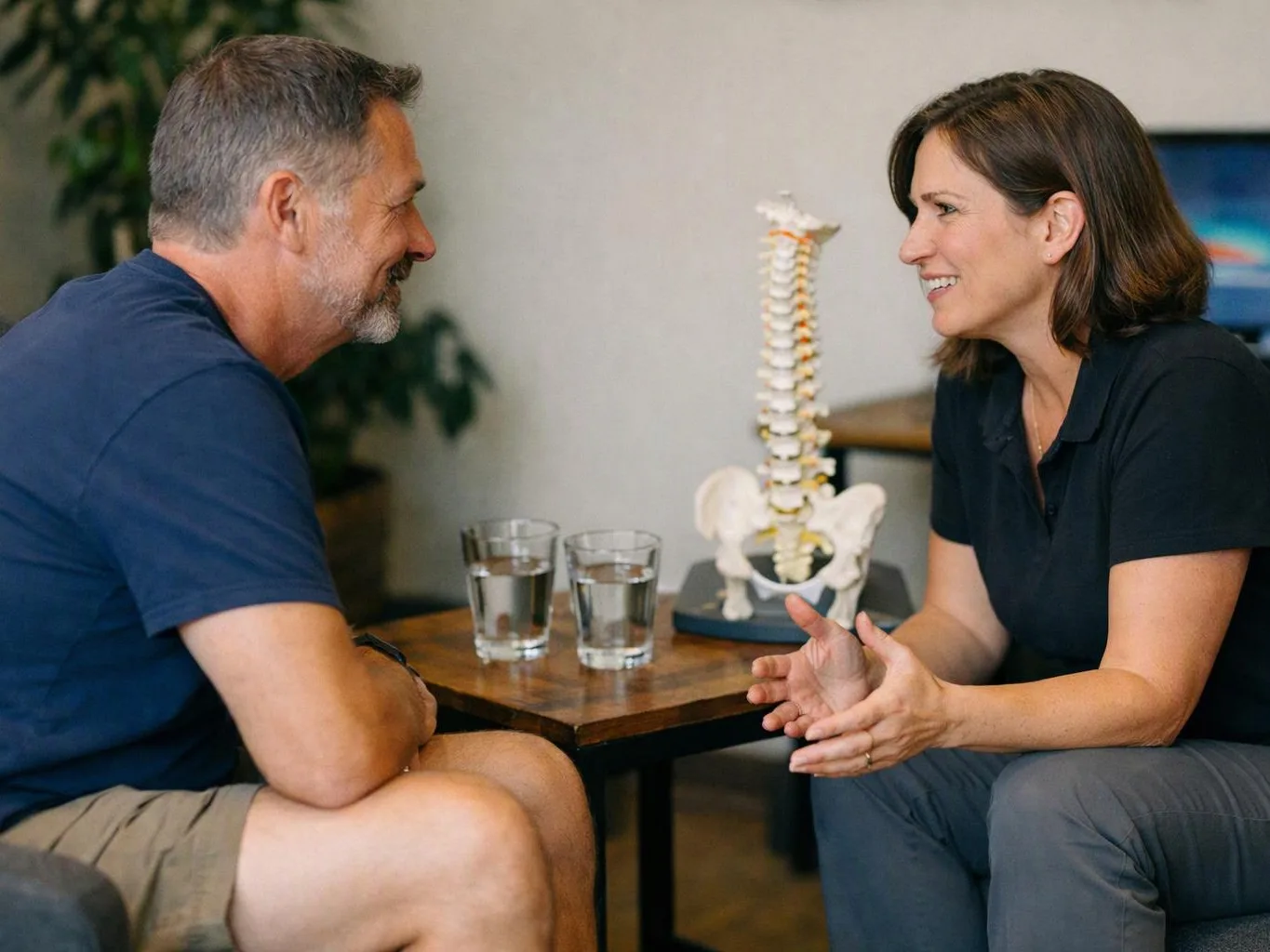 A man and woman sit facing each other at a table, talking beside a spine model and two glasses of water