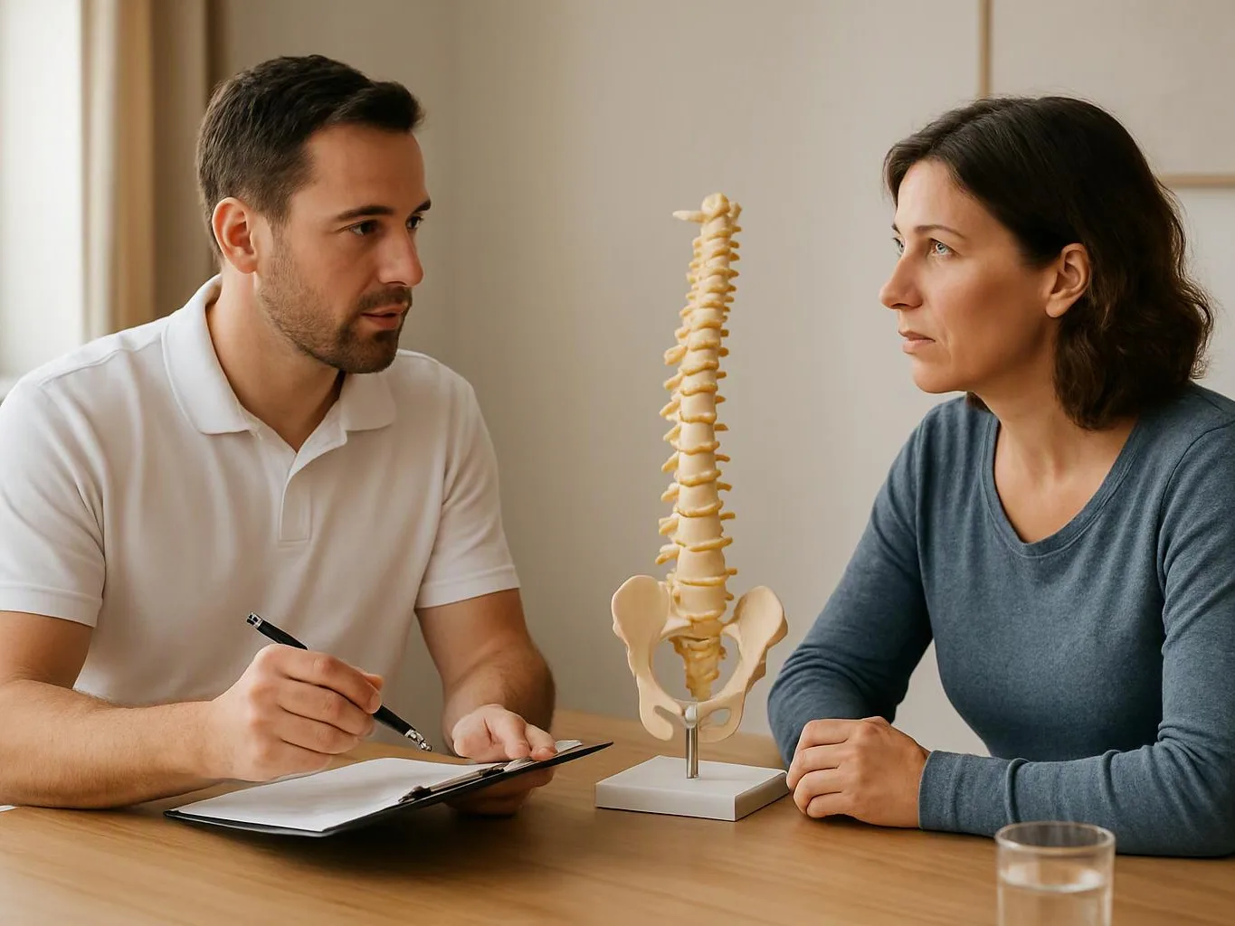 A man writes on a clipboard across from a woman beside a spine model at a table