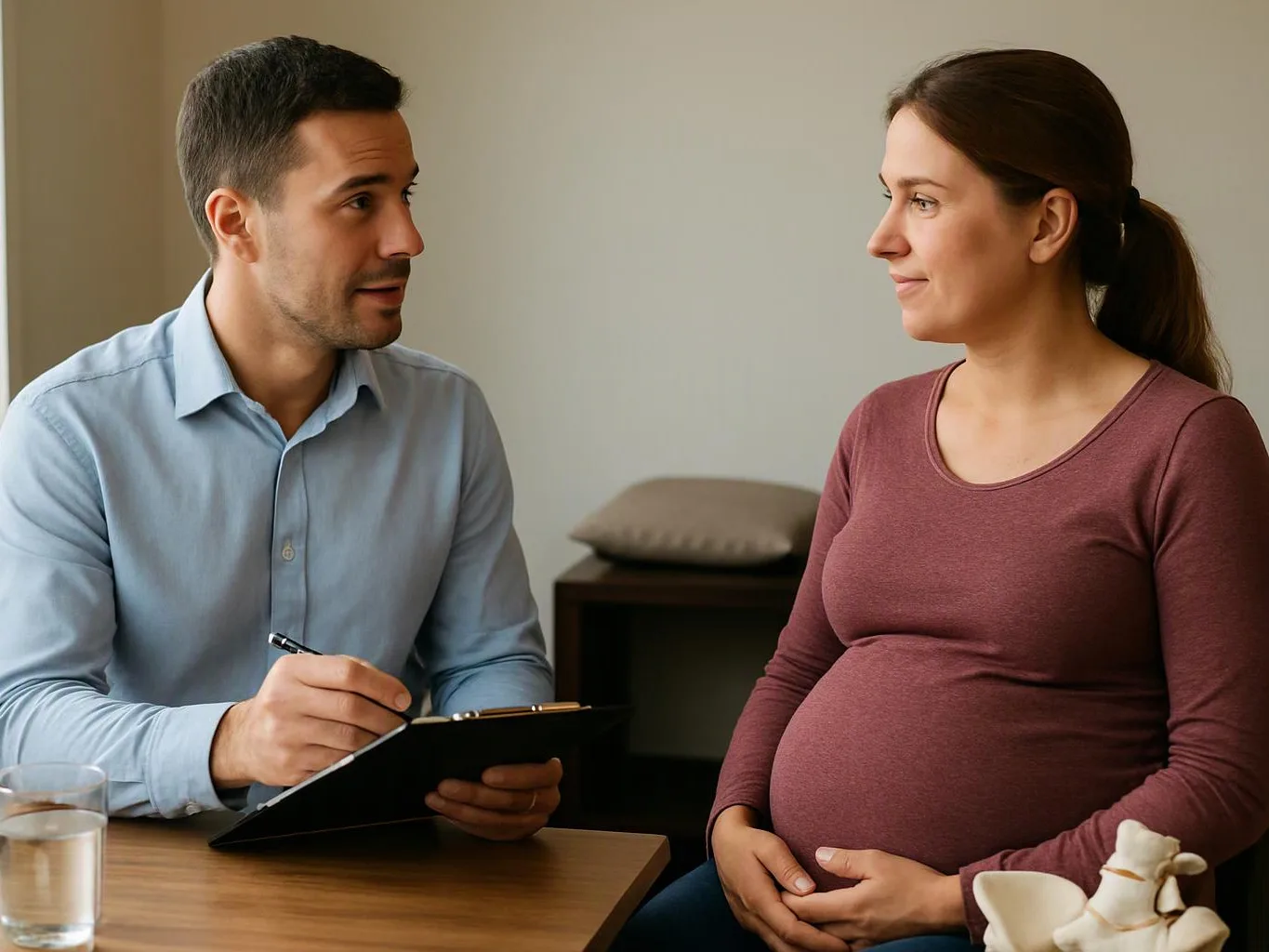 A man writes on a clipboard while talking with a pregnant woman sitting across from him indoors